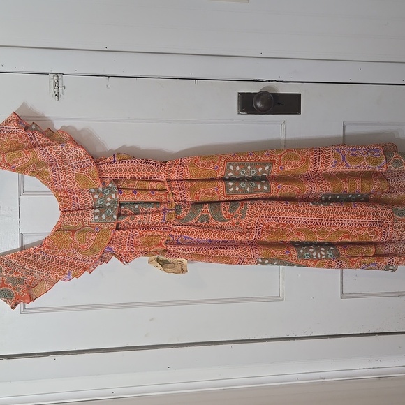 BOHO Orange PAISLEY ON OR OFF SHOULDER HI LO FUN LARGE DRESS - Picture 5 of 7